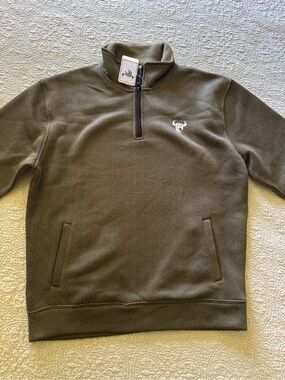 Men's Olive Quarter-Zip Pullover Sweater with Subtle Logo